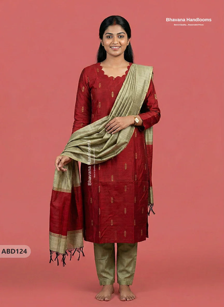 Raw Silk 3-Piece Kurti Set with Cut Work Neck Design in Red Colour | Full-Length Lined Kurti with Gold Dupatta