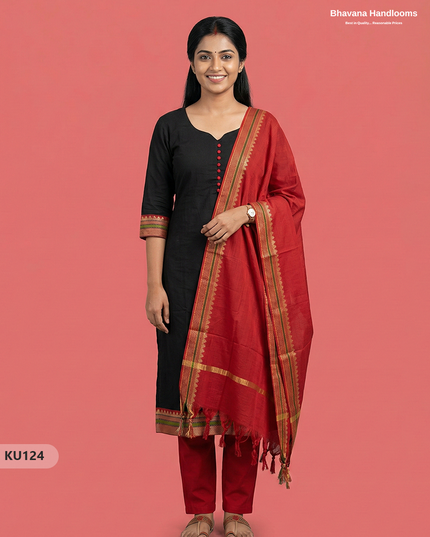 Mangalagiri Cotton 3PC Kurti Set in Black Colour with Full Lining