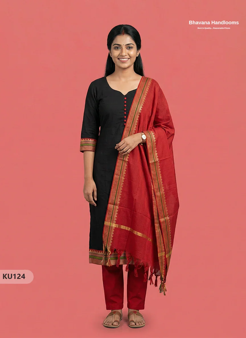 Mangalagiri Cotton 3PC Kurti Set in Black Colour with Full Lining