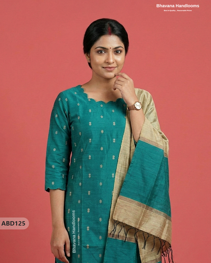 Raw Silk 3-Piece Kurti Set with Cut Work Neck Design in Green Colour | Full-Length Lined Kurti with Gold Dupatta