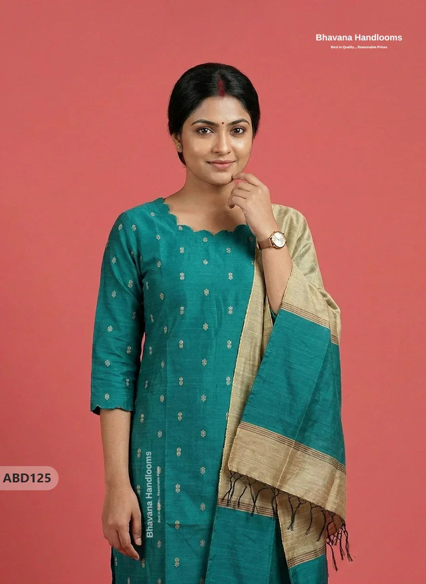 Raw Silk 3-Piece Kurti Set with Cut Work Neck Design in Green Colour | Full-Length Lined Kurti with Gold Dupatta