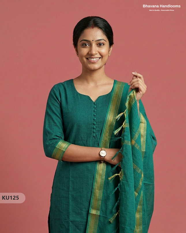Mangalagiri Cotton 3PC Kurti Set in Dark Green Colour with Full Lining