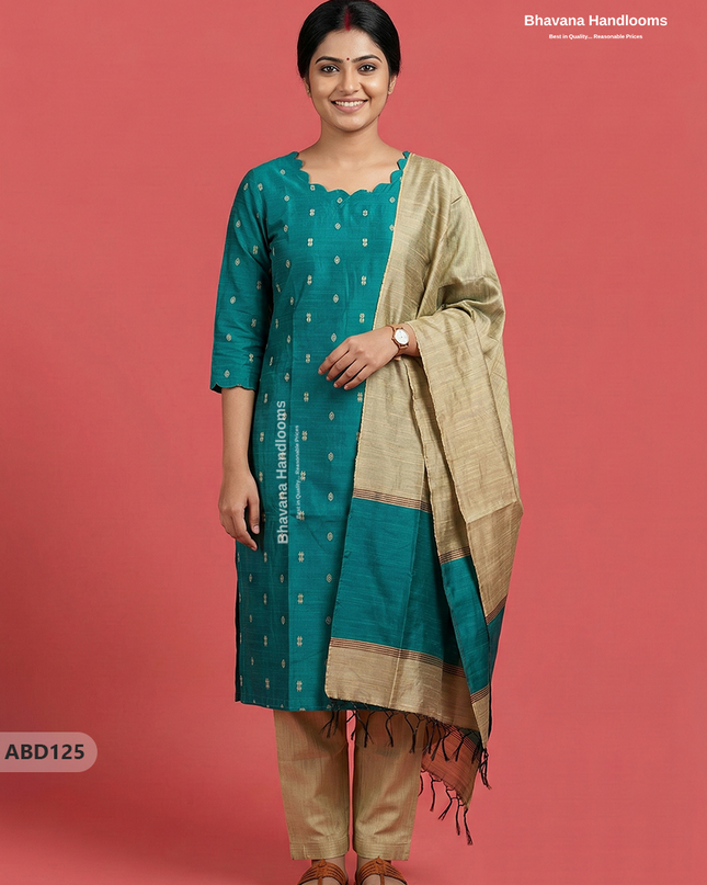 Raw Silk 3-Piece Kurti Set with Cut Work Neck Design in Green Colour | Full-Length Lined Kurti with Gold Dupatta