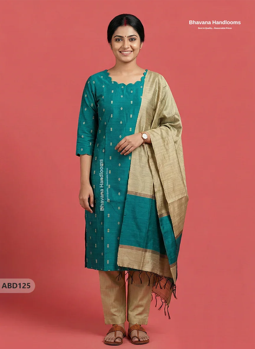 Raw Silk 3-Piece Kurti Set with Cut Work Neck Design in Green Colour | Full-Length Lined Kurti with Gold Dupatta