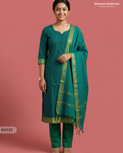 Mangalagiri Cotton 3PC Kurti Set in Dark Green Colour with Full Lining