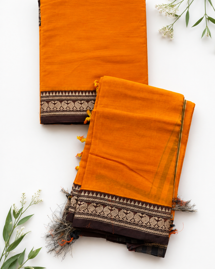 Traditional Wear Narayanpet Mercerised Cotton Dress Material with Saffron Orange Colour | Woven Border