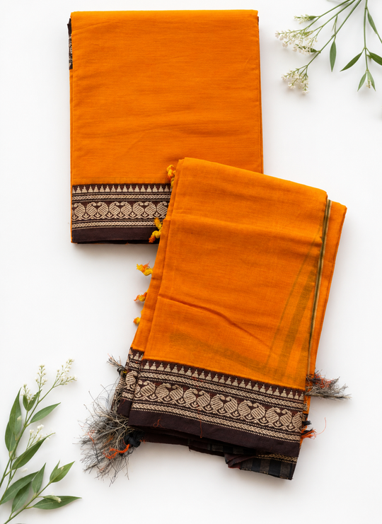 Traditional Wear Narayanpet Mercerised Cotton Dress Material with Saffron Orange Colour | Woven Border