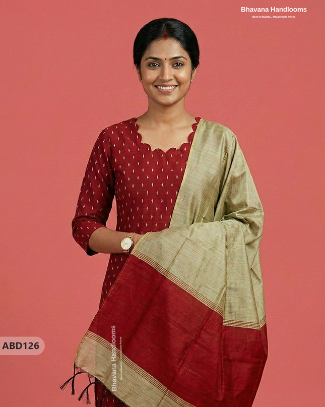 Raw Silk 3-Piece Kurti Set with Cut Work Neck Design in Red Colour | Full-Length Lined Kurti with Gold Dupatta