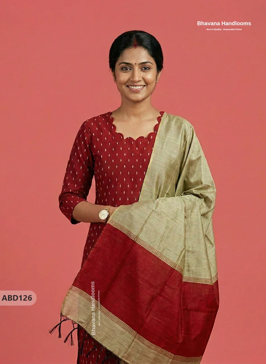 Raw Silk 3-Piece Kurti Set with Cut Work Neck Design in Red Colour | Full-Length Lined Kurti with Gold Dupatta