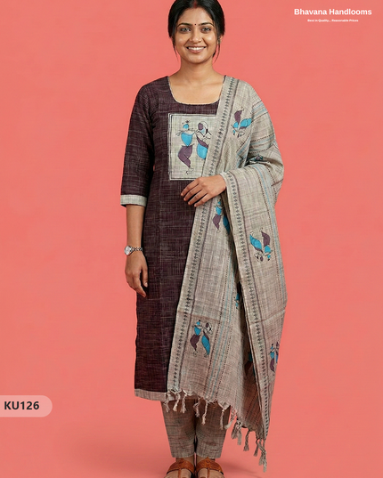 Radha Krishna Patch Work 3PC Kurti Set in Coffee Bean | Ready-to-Wear