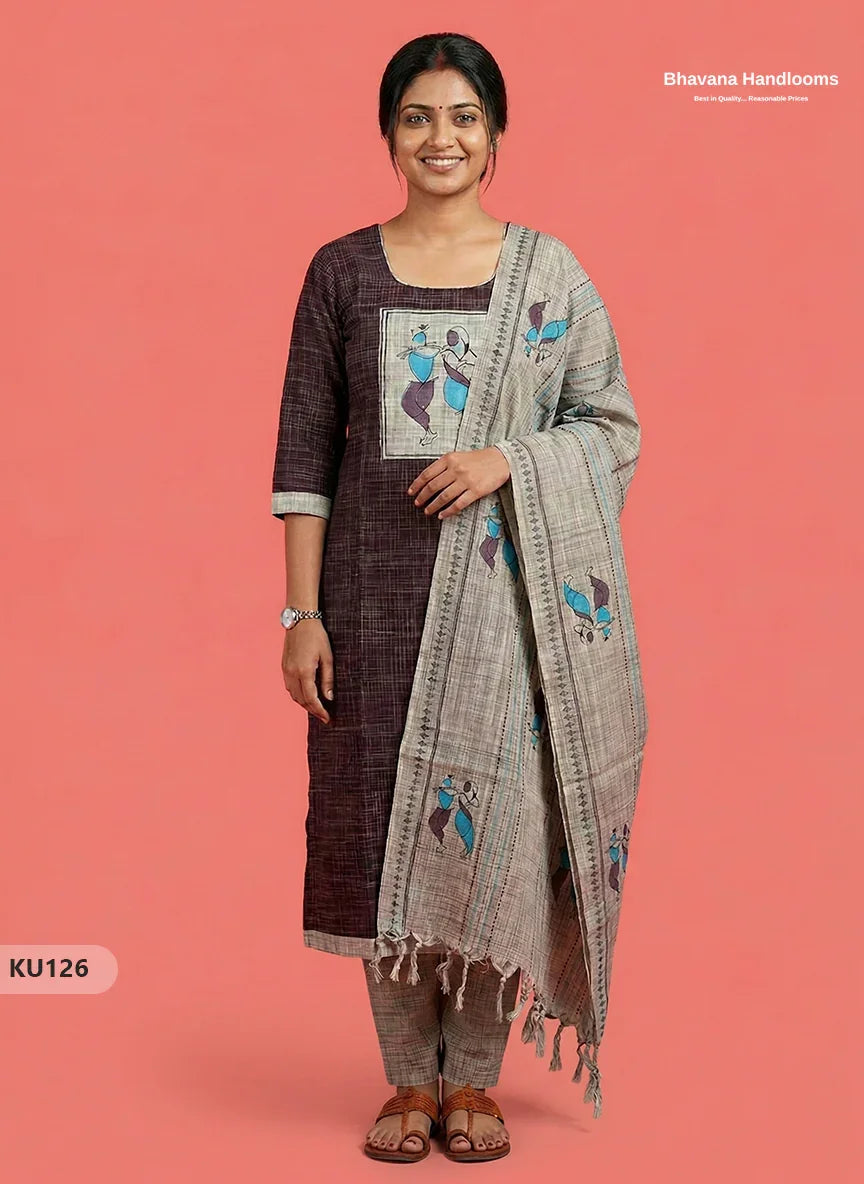 Radha Krishna Patch Work 3PC Kurti Set in Coffee Bean | Ready-to-Wear
