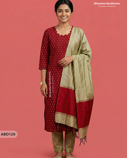Raw Silk 3-Piece Kurti Set with Cut Work Neck Design in Red Colour | Full-Length Lined Kurti with Gold Dupatta
