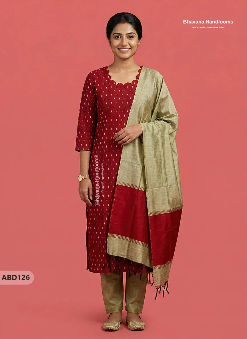 Raw Silk 3-Piece Kurti Set with Cut Work Neck Design in Red Colour | Full-Length Lined Kurti with Gold Dupatta