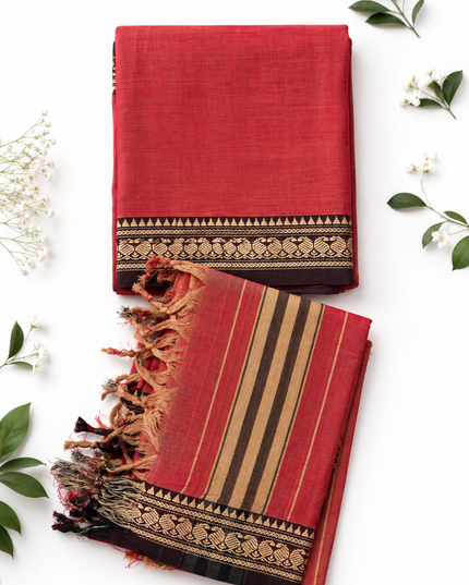 Traditional Wear Narayanpet Mercerised Cotton Dress Material with Coral Red Colour | Woven Border