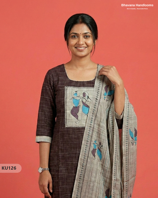 Radha Krishna Patch Work 3PC Kurti Set in Coffee Bean | Ready-to-Wear