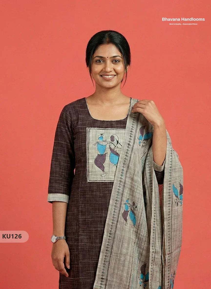 Radha Krishna Patch Work 3PC Kurti Set in Coffee Bean | Ready-to-Wear