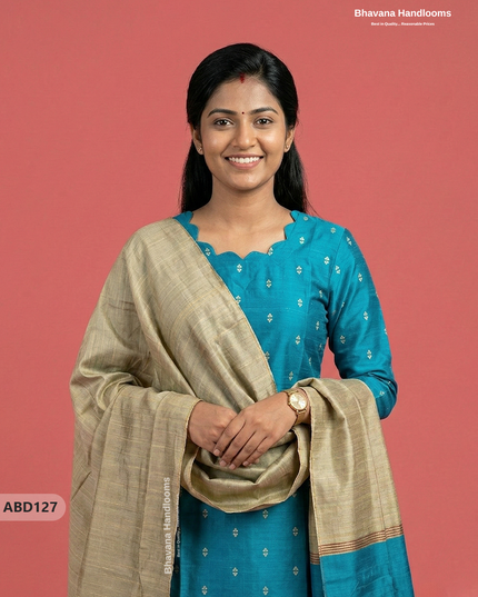 Raw Silk 3-Piece Kurti Set with Cut Work Neck Design in Sky Blue Colour | Full-Length Lined Kurti with Gold Dupatta