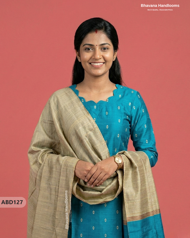 Raw Silk 3-Piece Kurti Set with Cut Work Neck Design in Sky Blue Colour | Full-Length Lined Kurti with Gold Dupatta