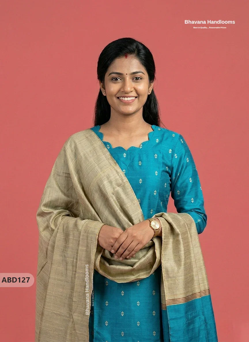 Raw Silk 3-Piece Kurti Set with Cut Work Neck Design in Sky Blue Colour | Full-Length Lined Kurti with Gold Dupatta