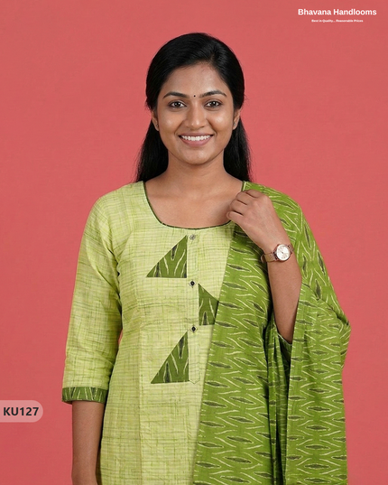 Ikkat Patch Work Kurti Set (3PC) with Green colour | Ready-to-Wear