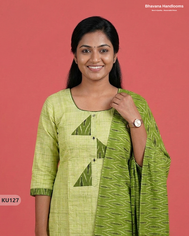 Ikkat Patch Work Kurti Set (3PC) with Green colour | Ready-to-Wear