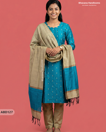 Raw Silk 3-Piece Kurti Set with Cut Work Neck Design in Sky Blue Colour | Full-Length Lined Kurti with Gold Dupatta