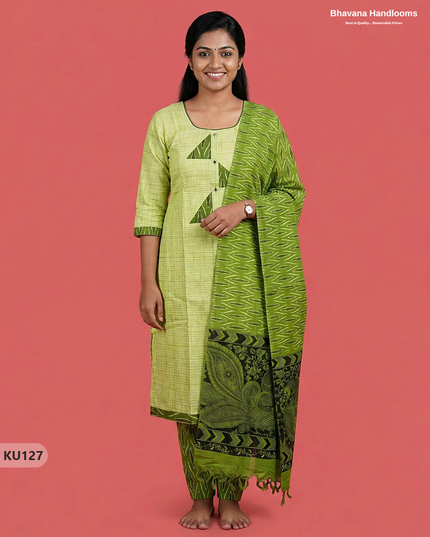 Ikkat Patch Work Kurti Set (3PC) with Green colour | Ready-to-Wear