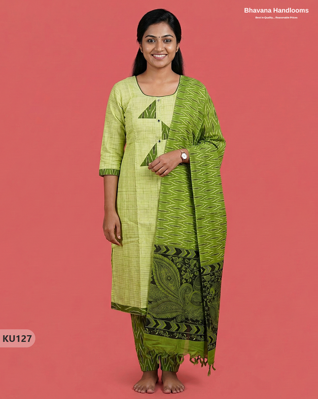 Ikkat Patch Work Kurti Set (3PC) with Green colour | Ready-to-Wear