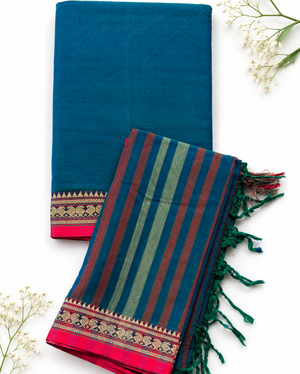 Traditional Wear Narayanpet Mercerised Cotton Dress Material with Peacock Blue Colour | Woven Border