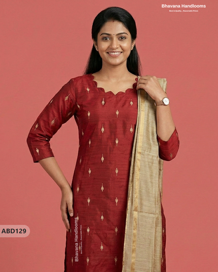 Raw Silk 3-Piece Kurti Set with Cut Work Neck Design in Red Colour | Full-Length Lined Kurti with Gold Dupatta