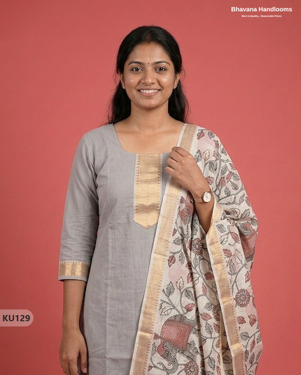 Premium Mangalagiri 3PC Kurti Set with Zari Border in Half White | Ready-to-Wear