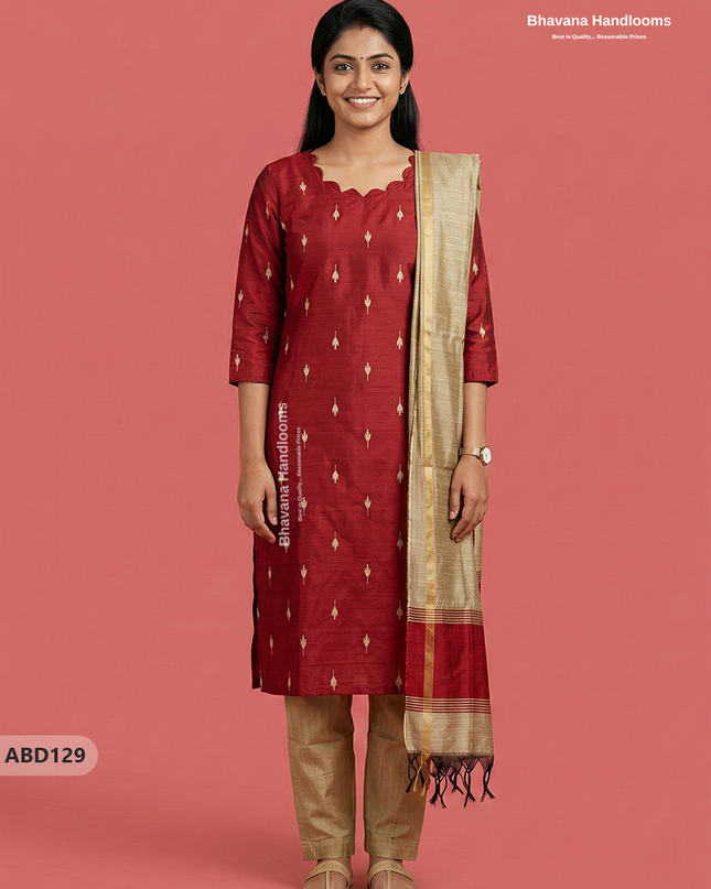 Raw Silk 3-Piece Kurti Set with Cut Work Neck Design in Red Colour | Full-Length Lined Kurti with Gold Dupatta