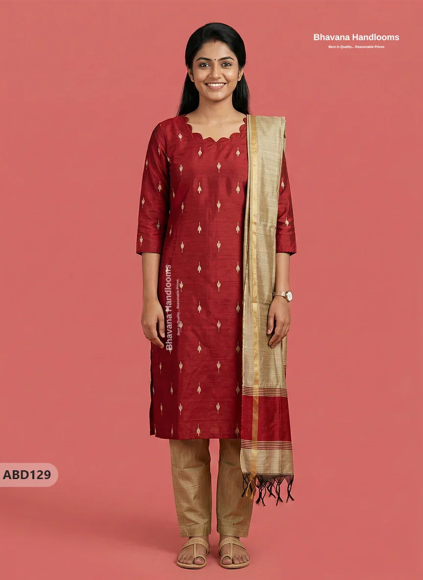 Raw Silk 3-Piece Kurti Set with Cut Work Neck Design in Red Colour | Full-Length Lined Kurti with Gold Dupatta