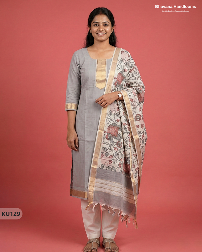 Premium Mangalagiri 3PC Kurti Set with Zari Border in Half White | Ready-to-Wear