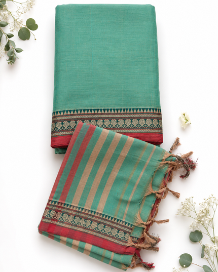 Traditional Wear Narayanpet Mercerised Cotton Dress Material with Sea Green Colour | Woven Border