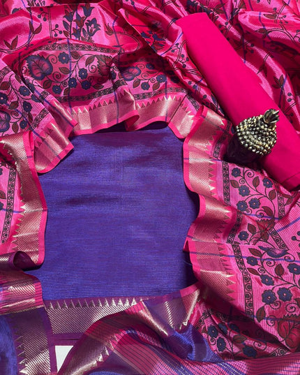 Mangalagiri Semi Pattu Dress Material with Zari Border – Bluish Purple Colour