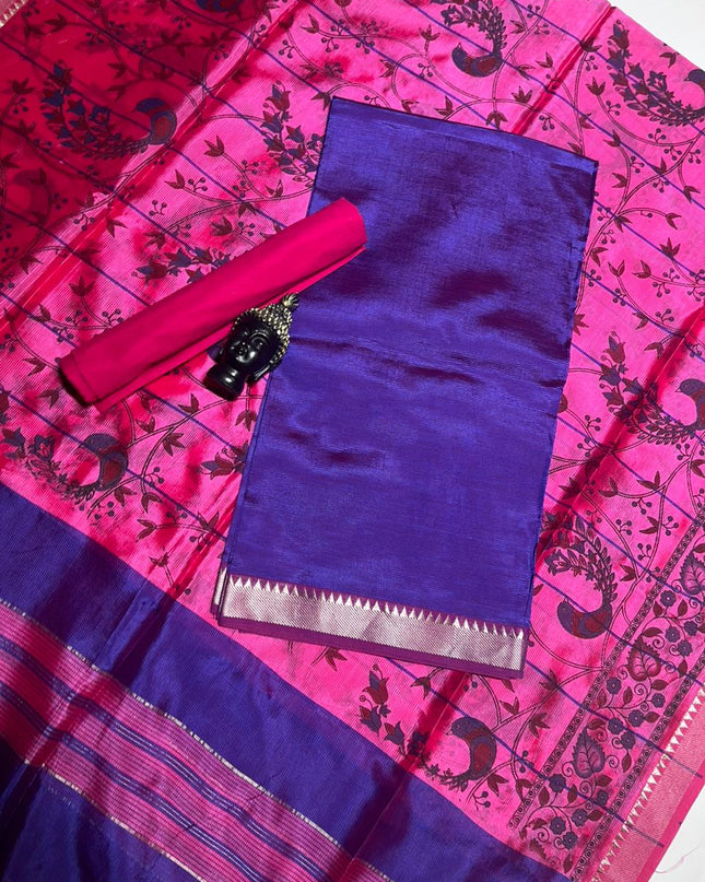 Mangalagiri Semi Pattu Dress Material with Zari Border – Bluish Purple Colour