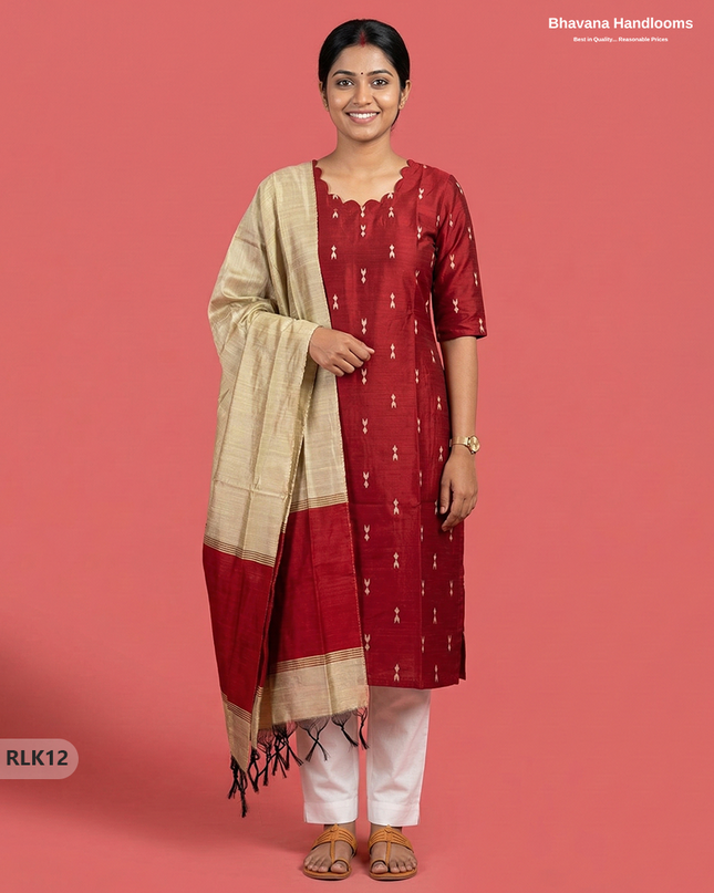 Raw Silk 2PC Set in Red Colour | Top & Bottom Only Ethnic Wear