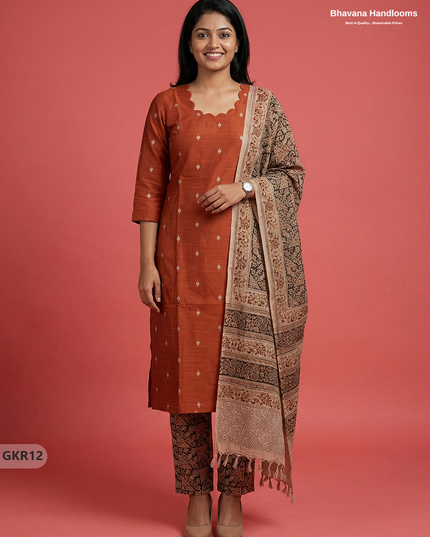 Raw Silk 3PC Kurti Set with Kalamkari Dupatta & Elastic Bottom in Orange Colour | Ethnic Wear