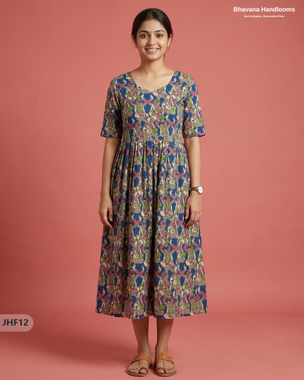 Kalamkari Design Frock – Blue Colour | Handloom Ethnic Wear with Half Lining