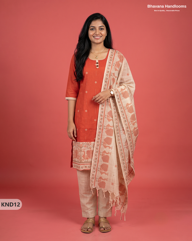 Designer Printed Cotton Floral 3PC Kurti Set in Tomato Red Colour | Full-Length Lining | Ready-to-Wear