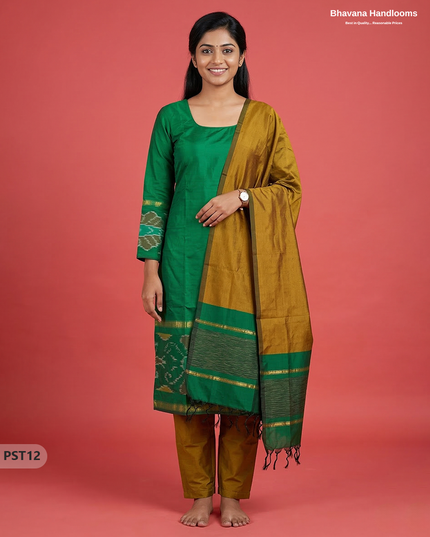 Pochampally Semi Pattu 3PC Kurti Set in Parrot Green Colour | Ready-to-Wear Ethnic Wear