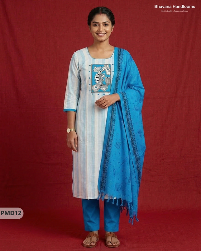 Stylish Cotton 3PC Kurti Set with Sky Blue & Off-White Stripes, Musical Panel Design | Blue Dupatta