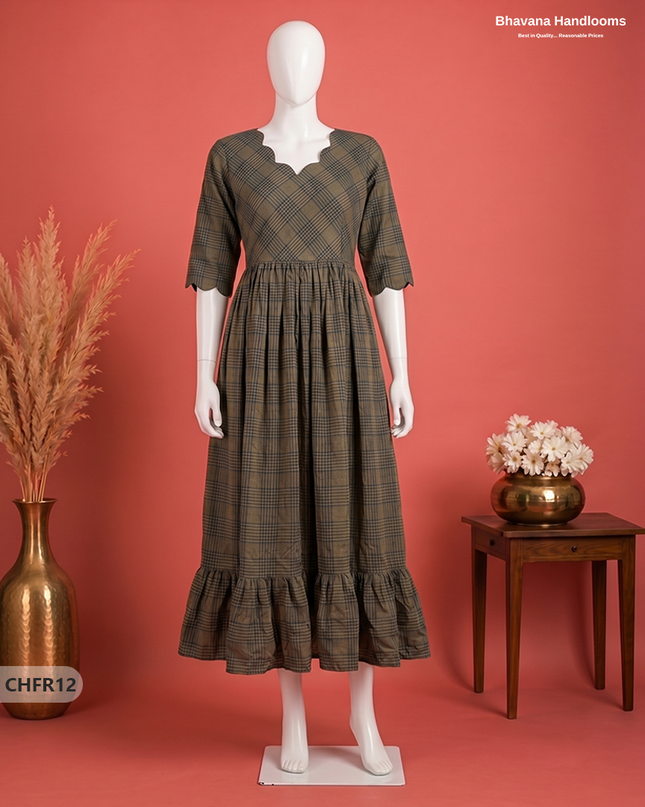 Handloom Cotton Frock in Olive Brown & Dark Charcoal Grey  Checks with Stylish Neck Cut Work | Soft & Comfortable