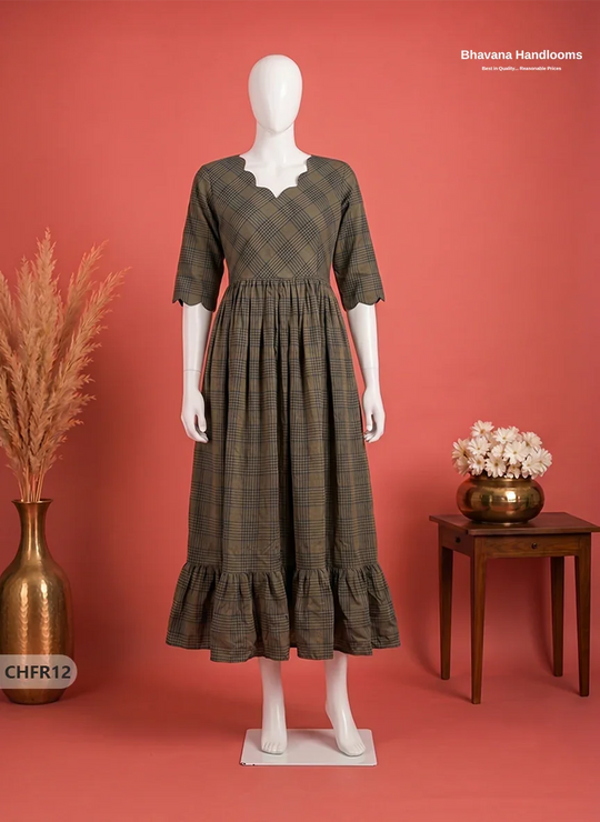 Mangalagiri Cotton Frock in Olive Brown & Dark Charcoal Grey  Checks with Stylish Neck Cut Work | Soft & Comfortable