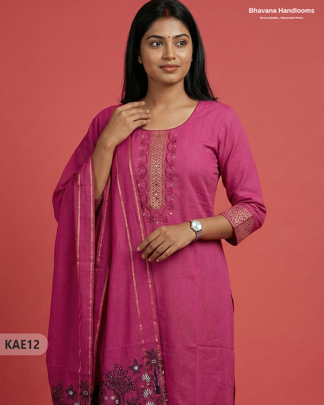 Readymade Mangalagiri Cotton Kurti Set in Pink with  Mirror Finishing Design