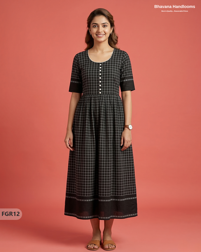 Summer Special Premium Cotton Handloom Frock with Woven Design | Black Colour