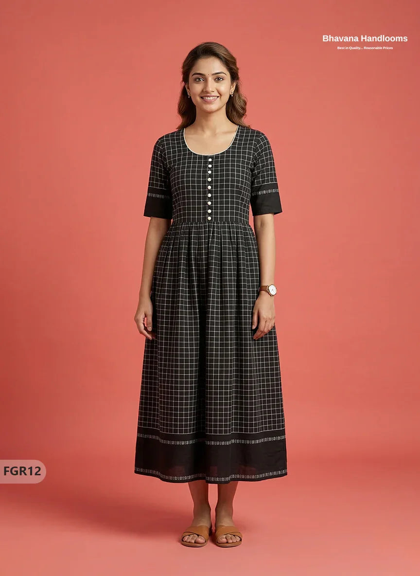 Summer Special Premium Cotton Handloom Frock with Woven Design | Black Colour