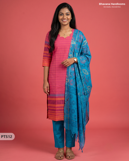 Jacquard 3PC Kurti Set in Pink Colour with Designer Blue Printed Dupatta and Elastic Bottom | Ready to Wear