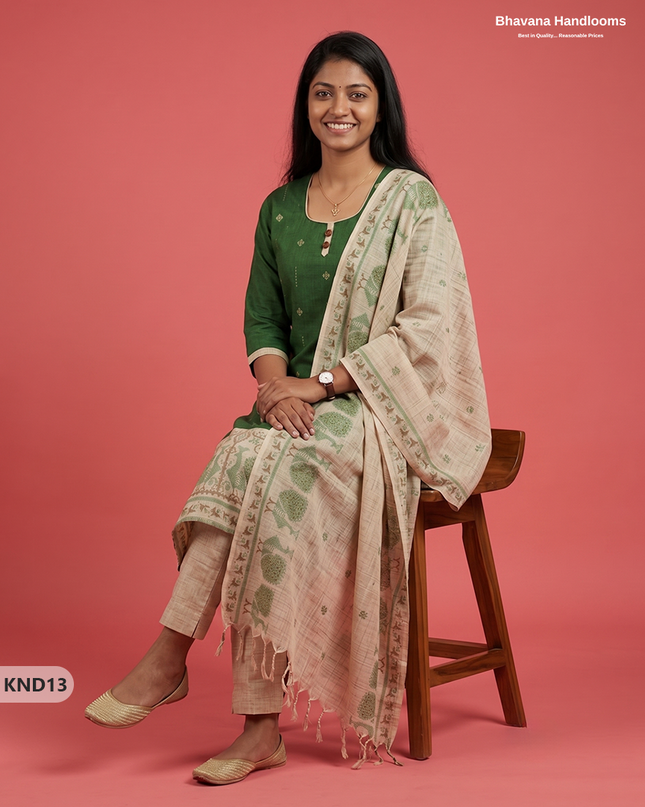 Designer Printed Cotton Floral 3PC Kurti Set in Bottle Green Colour | Full-Length Lining | Ready-to-Wear